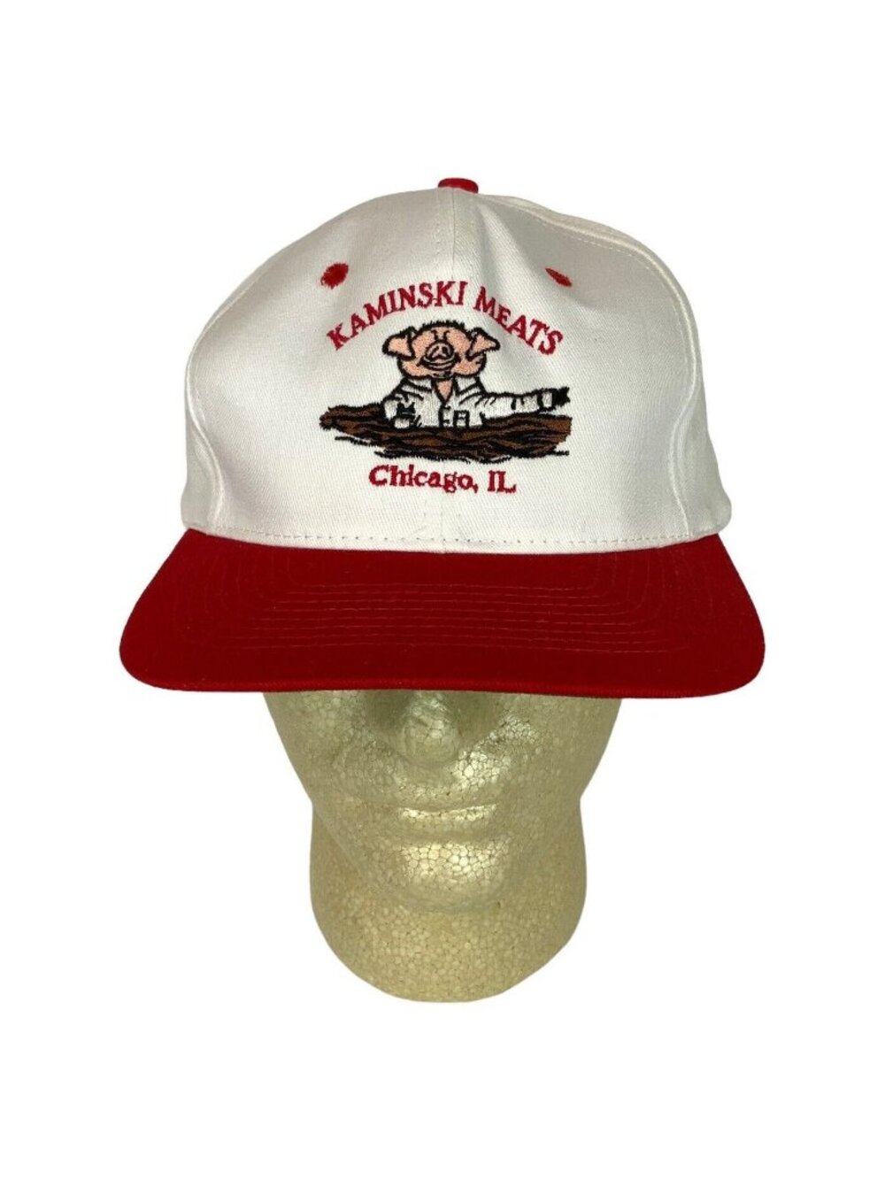 Kaminski Meats Chicago IL Embroidered Snapback Hat Pig Design White Red KC Caps